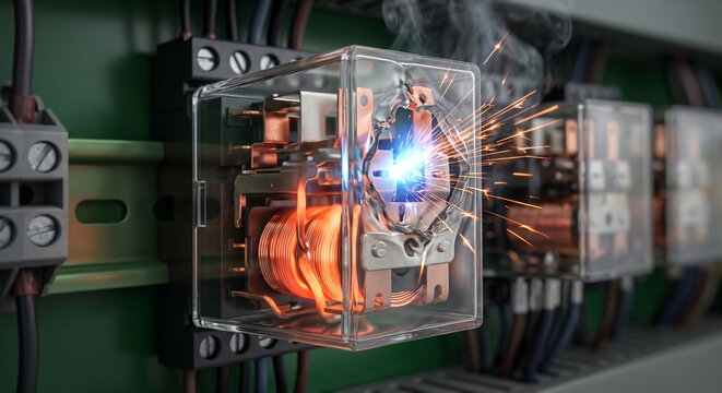 Electrical relay with glowing arc and smoke indicating circuit fault or overload event in factory.