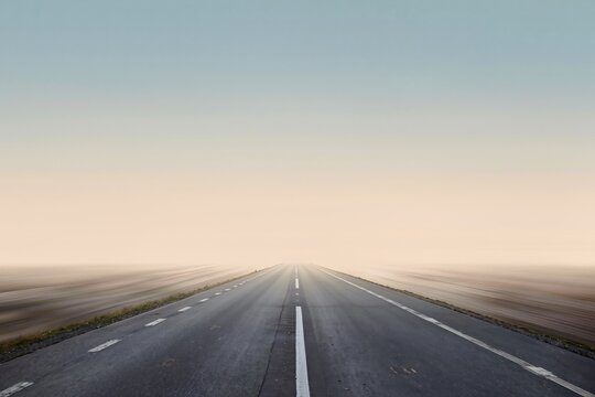 Route d&eacute;serte s'&eacute;tendant vers l'horizon, symbole de voyage, libert&eacute;, mobilit&eacute;, avenir, solitude et nouveaux d&eacute;parts