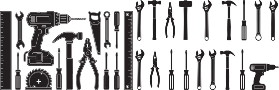 Professional Hand Tools Collection, Construction Repair Equipment Icons Set, Workshop Hardware Isolated Black Vector Illustration for Industrial and DIY Projects