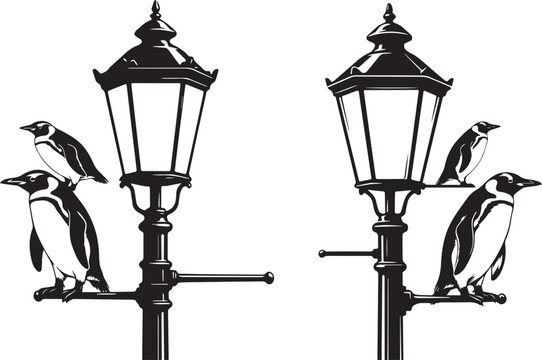 Penguins on Vintage Street Lamp Silhouette Collection, Wildlife Bird Perching Urban Lantern, Isolated Black Vector Illustration for Creative Design