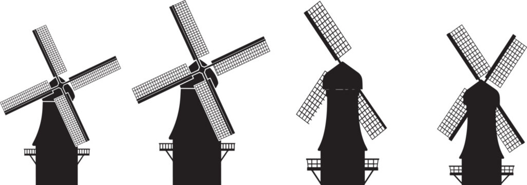 Traditional Dutch Windmill Silhouette Collection, Historic Rural Wind Power Architecture Vector Set, Black Isolated Vintage Windmill Icons for Design Projects