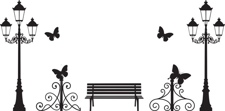 Vintage Street Lamp, Park Bench and Butterfly Silhouette Collection, Elegant Urban Garden Elements, Isolated Black Vector Illustration for Landscape Design