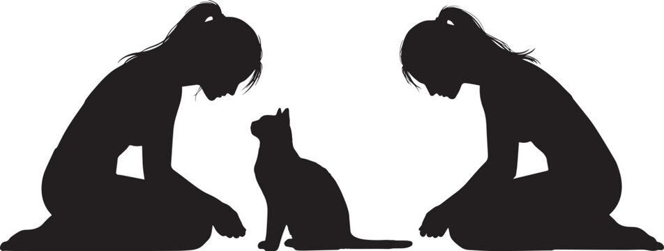 Woman and Cat Silhouette Collection, Human Animal Bond, Pet Owner Interaction, Isolated Black Vector Illustration for Creative Design Projects