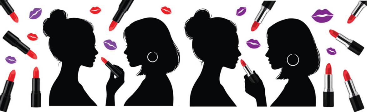 Women Applying Lipstick Silhouette Collection, Beauty Makeup Fashion Portrait Set, Cosmetic Lifestyle Isolated Vector Illustration for Branding and Design