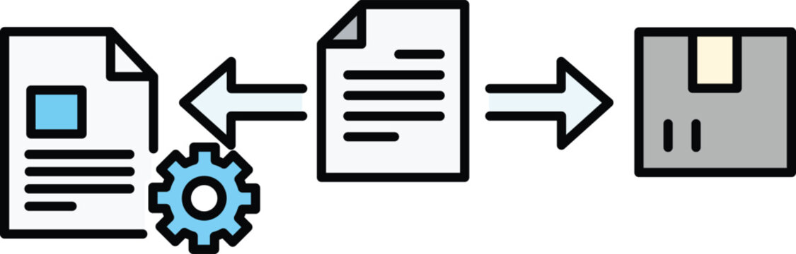 Document editing and packaging workflow with gear gray arrows