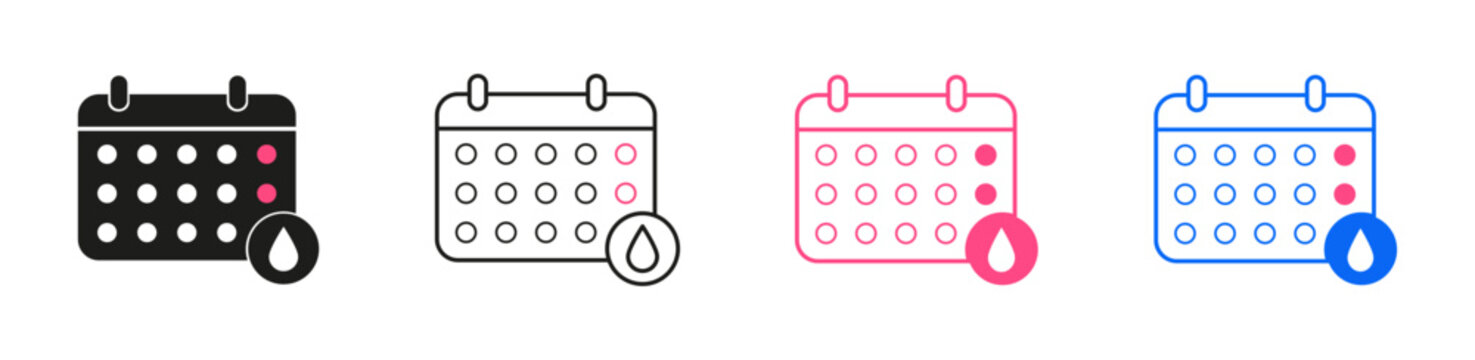 Menstrual calendar icon set representing period tracking, fertility awareness, ovulation prediction, reproductive health, and monthly cycle management.