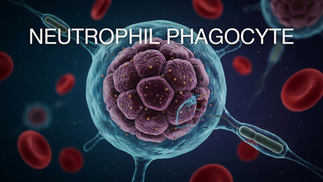Neutrophil phagocyte cell with red blood cells and bacteria in the bloodstream for medical science and healthcare concept