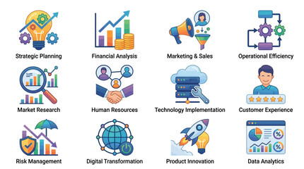 Fototapeta premium Professional Illustrated Guide to Key Business Functions with Colorful Icons and Visual Elements