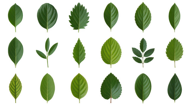 A collection of eighteen different green leaves with various shapes and serrated edges arranged in a grid on a white background surface