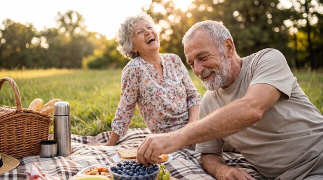 A senior couple enjoys fresh blueberries during a summer picnic, celebrating outdoor leisure and wellness lifestyle perfect for retirement marketing campaigns