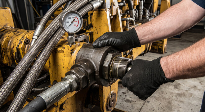 Mechanic wearing black gloves tightening heavy duty metal hydraulic component on industrial machinery.