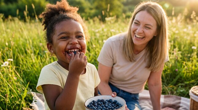 A mother and daughter enjoy fresh blueberries during a summer picnic, celebrating family bonding and joyful outdoor moments for lifestyle marketing