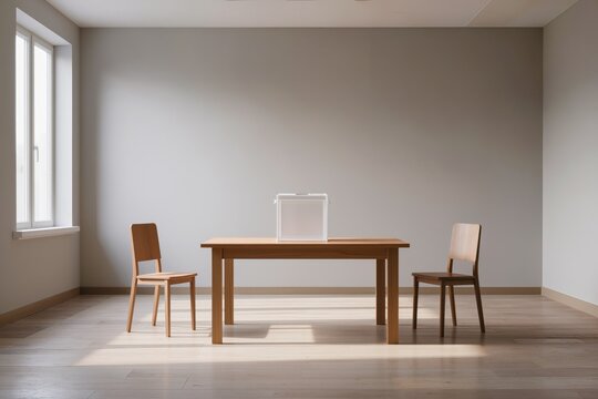 Bureau de vote vide avec urne transparente sur une table, concept d'&eacute;lection d&eacute;mocratique, scrutin, citoyennet&eacute; et participation &eacute;lectorale