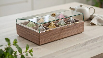 Fototapeta premium Elegant wooden box with glass lid containing assorted colorful paper umbrellas on a modern table