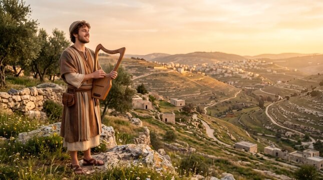 Young David holding harp overlooking ancient Bethlehem landscape