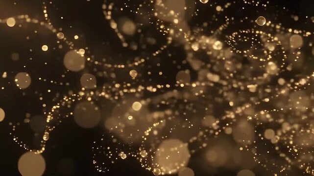 Golden light trails weave through a dark space in a graceful, fluid motion, creating an elegant and sophisticated abstract pattern that suggests movement and high-tech connectivity and energy.