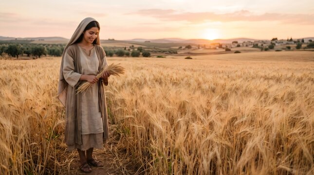Ruth gleaning wheat in golden barley field at sunset