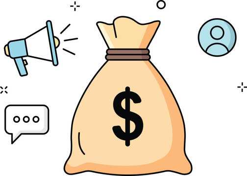 Flat-style of money bag with communication around moneybag dollar speechbubble megaphone flatdesign