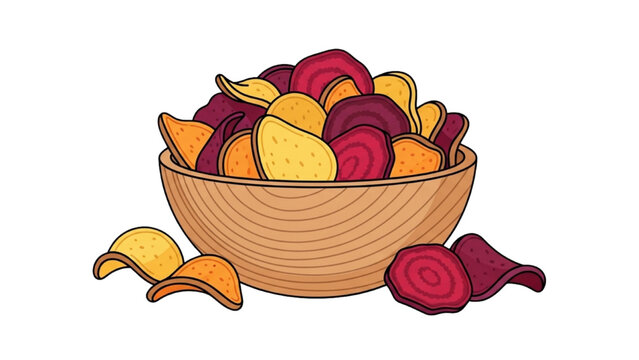 A 2D Vector Illustration of colorful vegetable chips in a wooden bowl on a table