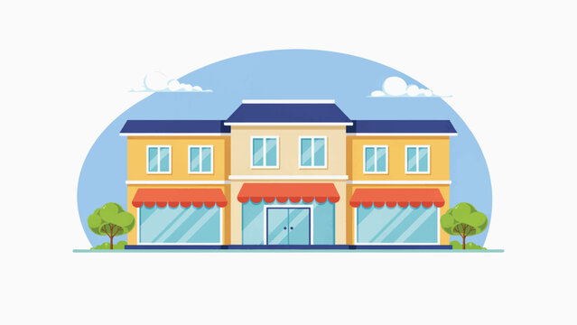cartoon illustration of a yellow twostory building with blue roof and red awnings