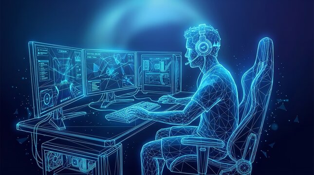 Futuristic Gamer Immersed in Virtual Reality: Neon Blue Wireframe Illustration of a Person Playing Video Games on Multiple Screens with Headset and Gaming Chair