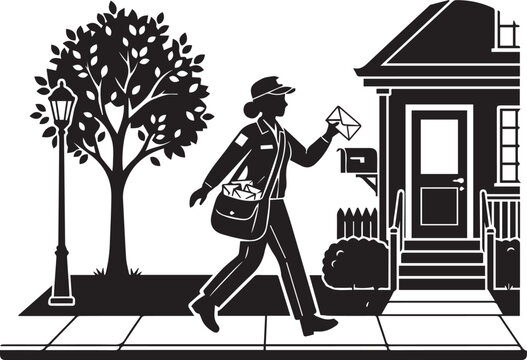 Female mail carrier delivering mail to residential house with tree and street lamp, on transparent background.