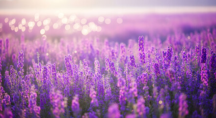 Obraz premium Blooming purple lavender field at sunset with soft golden light and bokeh