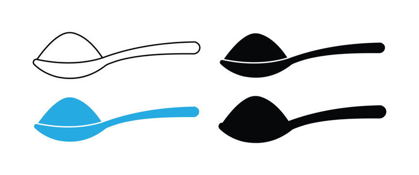 Spoon Icon Set &ndash; Full Spoon, Cutlery Utensil, Kitchen Dining Tool, Cooking Flatware, Outline & Silhouette Vector Collection