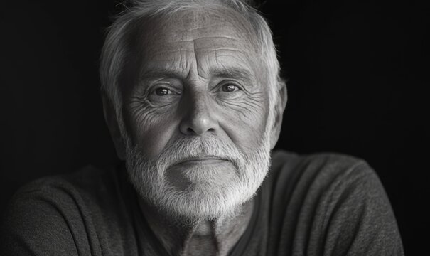 Close up portrait of a handsome senior man with a white beard against a dark background