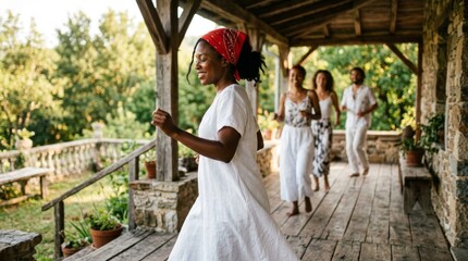 Fototapeta premium Group of diverse friends dancing joyfully on a rustic villa porch.