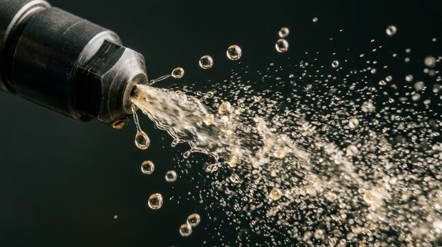 High pressure water jet spray nozzle in motion.