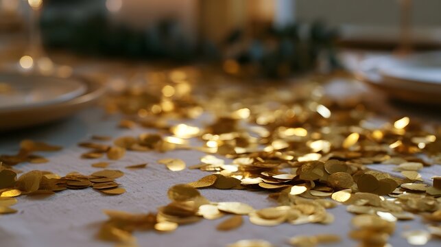 Luxurious golden confetti scattered across a richly decorated table provides a perfect backdrop for celeb n and festive design