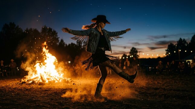 A silhouette of a cowgirl dancing near a bright bonfire at night.