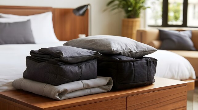 Neatly folded gray packing cubes sit on wooden bedside table beside bed with pillows and lamp