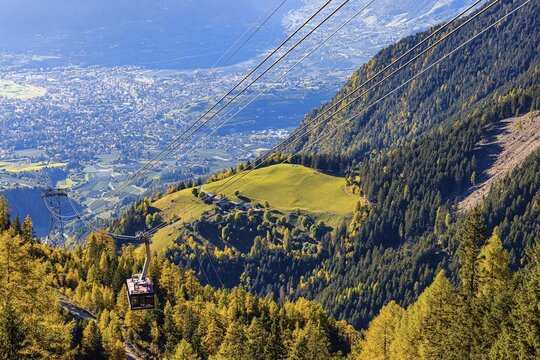 Merano 2000 mountain railway, near the summit station, below the spa town of Merano, South Tyrol, Italy