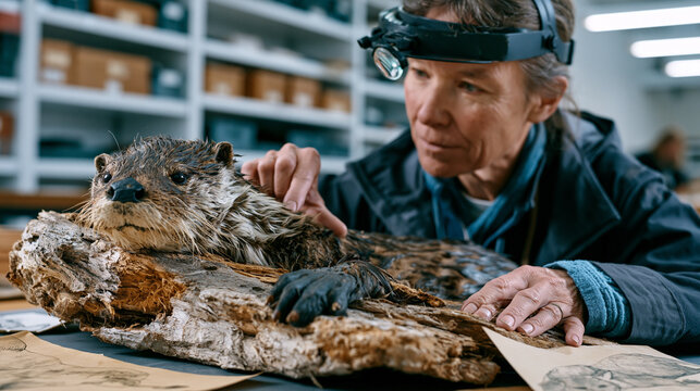 Taxidermist in natural history museum workroom adjusting Victorian-era otter specimen mounted on driftwood base, magnifying visor pushed up on forehead, archival reference sketches pinned nearby, ed