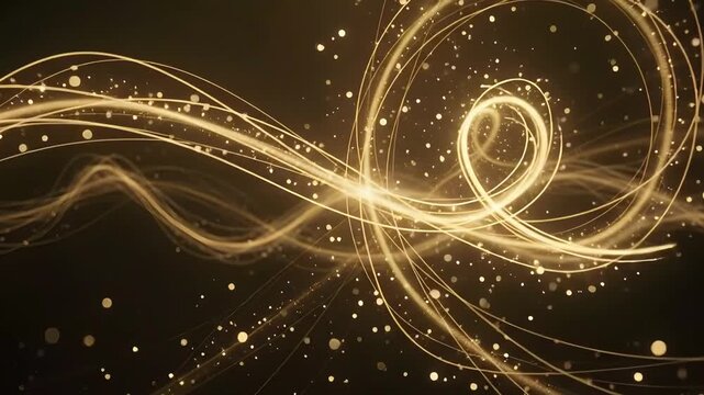 Golden light ribbons weave through a dark expansive space, forming elegant circular trails of shimmering dust and soft glowing bokeh particles that create a sophisticated and ethereal atmosphere.