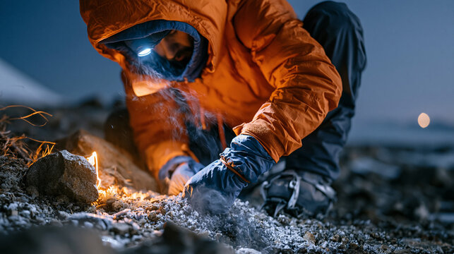Weathered mountaineer lacing crampons alone in darkness at 3am beside a flickering headlamp on frozen gravel, summit ridge glowing faintly above treeline, breath misting in frigid alpine air, solitu