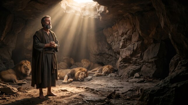 Daniel praying in lions' den receiving divine light