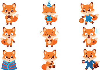 Naklejka premium Cute Cartoon Fox Vector Set, Funny Orange Character Illustration Collection with Fox Expressing Different Emotions and Poses