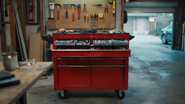Red mobile tool cart with drawers and tools in home garage workshop setting