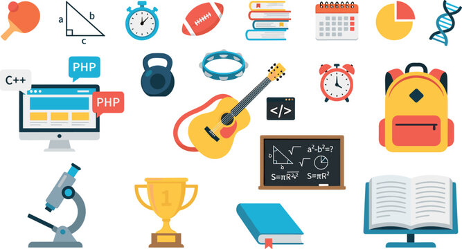 Education and School Icon Vector Set, Flat Illustration Collection with Book Backpack Microscope Trophy and Coding Symbols