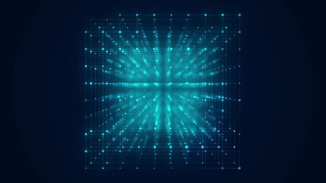 Cyan glowing cube grid with radial particle burst on dark background. Abstract digital tunnel with square mesh, depth, bokeh and futuristic technology interface for data and network design.