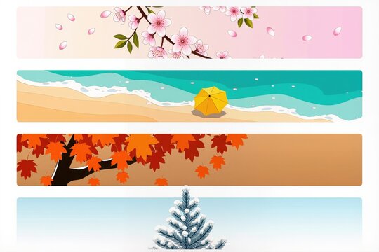 Lot de banni&egrave;res illustr&eacute;es des quatre saisons avec printemps, &eacute;t&eacute;, automne et hiver en style minimaliste
