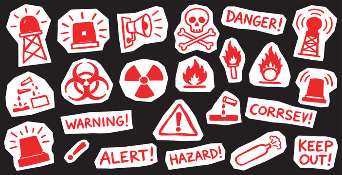 Collection of red warning and danger signs with various symbols and text on a black background, cut out like stickers.