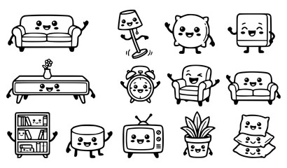 Cute kawaii living room furniture character vector set with funny cartoon sofa couch lamp pillow armchair and sweet home interior line art for kids