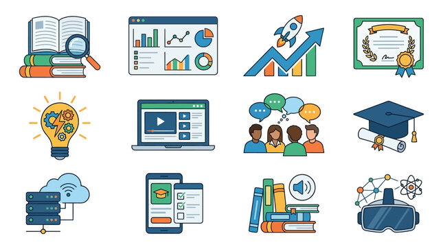Industrial Style Showcasing Diverse Educational and Digital Concepts with Colorful Icons with high quality professional line art symbols for modern creative design and digital branding projects