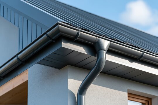 Contemporary Gutter Installed on a Residential House Roof to Enhance Functionality. Clean well maintained rain gutter system. Roof architecture effectively. Polymer storm drainage. Home architectural
