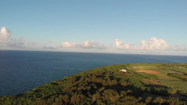 Smooth drone aerial view panning over lush green cliffs and the blue ocean, Miyakojima, Okinawa