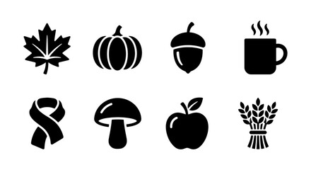 Fall harvest icon set maple leaf pumpkin acorn mug and wheat © Bodrunahar